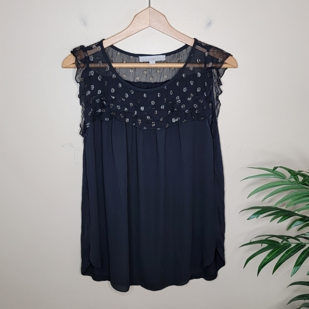 Loft | Mixed Material Black Ruffle Blouse with Gold Dot Upper Size Small